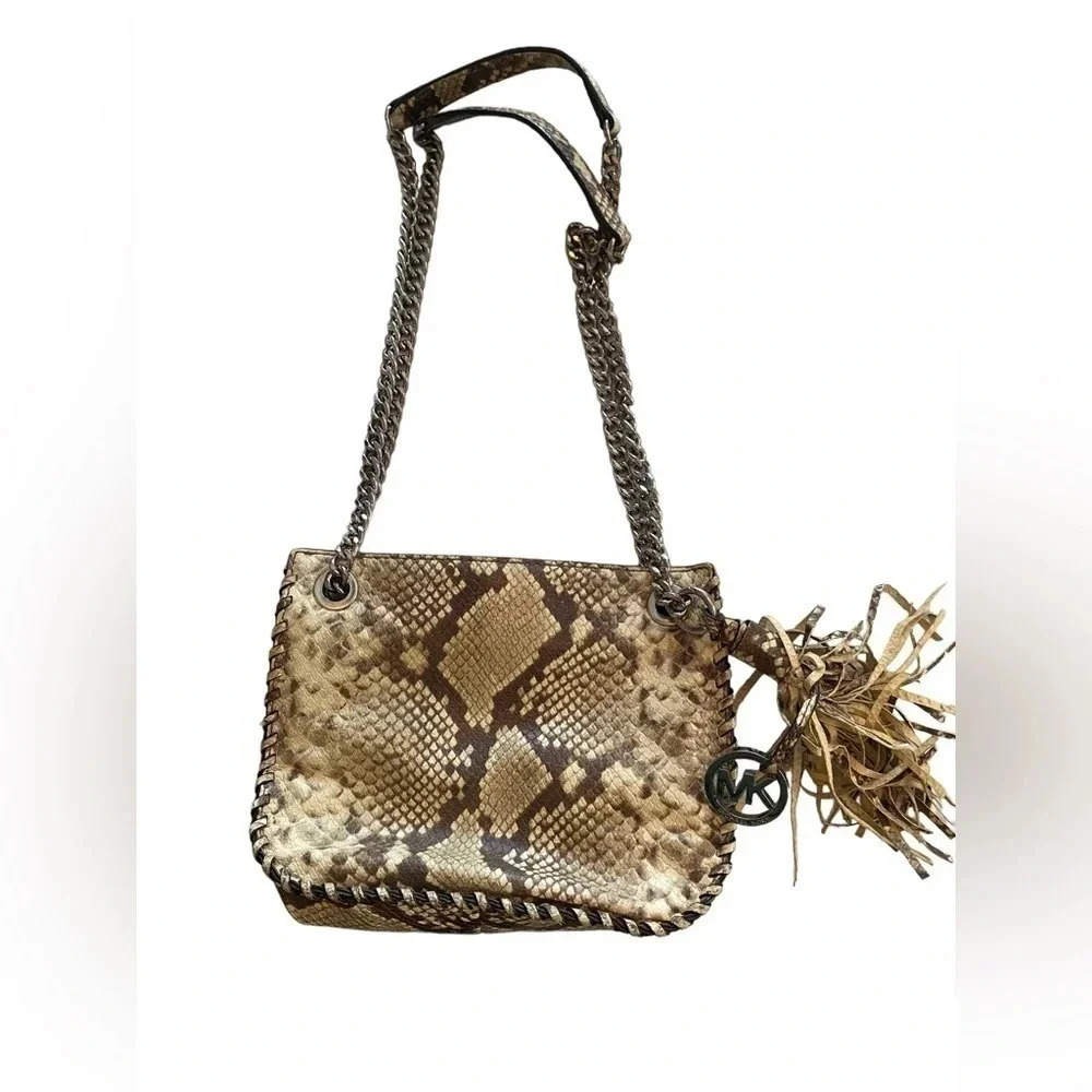 Michael Kors Whipped Chelsea Crossbody Cream/Tan Snake Print Silver Hardware